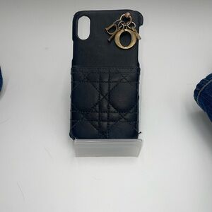 Dior canage Black Quilted Leather Phone Case with Gold Charm
